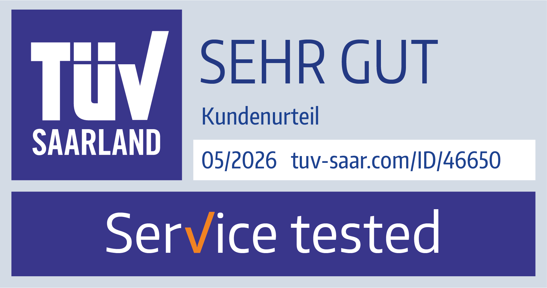 TÜV Saarland – Valutazione clienti MOLTO BUONO, Service tested, 05/2026, tuv-saar.com/ID/46650